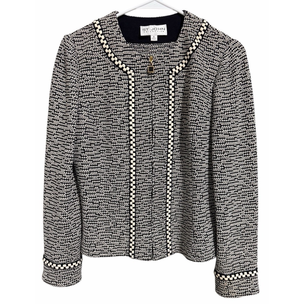 St. John Collection Black/Ivory Tweed Full Zip Jacket Women's Size‎ 6